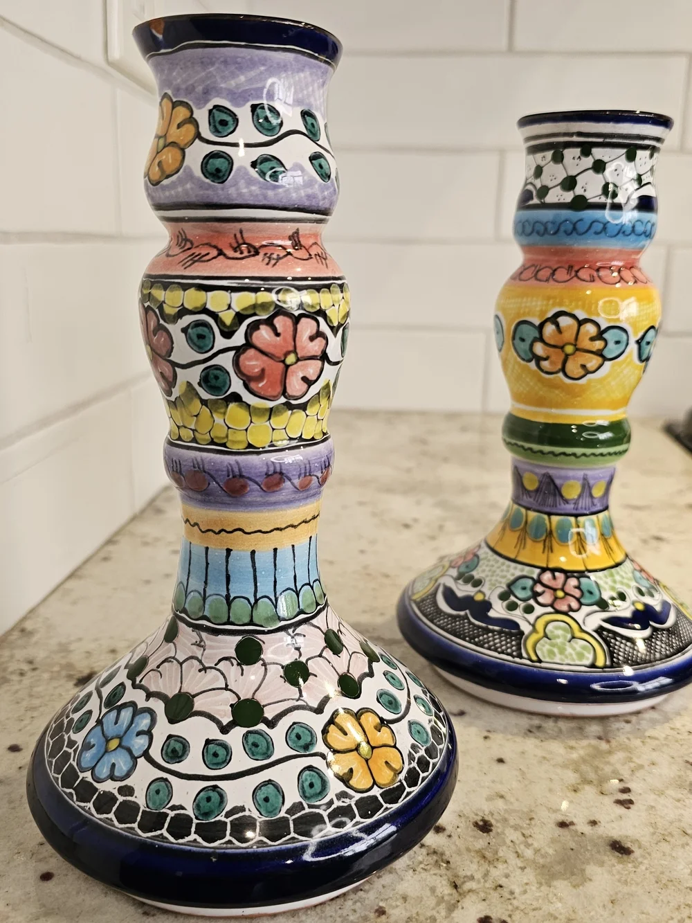 Hand-Painted Multicolor Earthenware Candle Holders Floral Talavera Pue Mex. Art